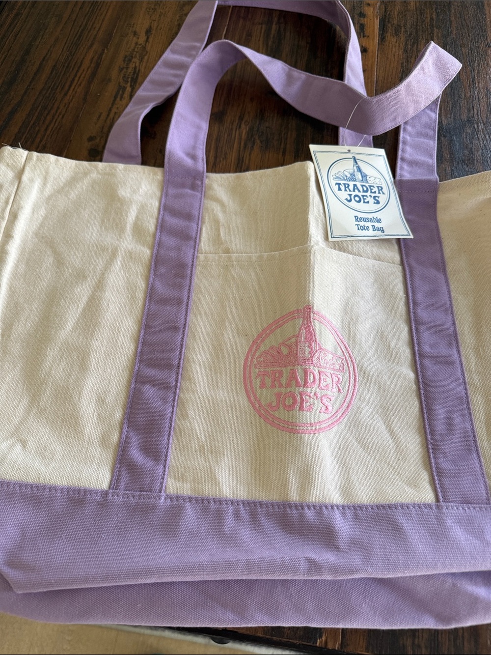 Trader Joe's Cream Canvas Tote with Lavender Trim